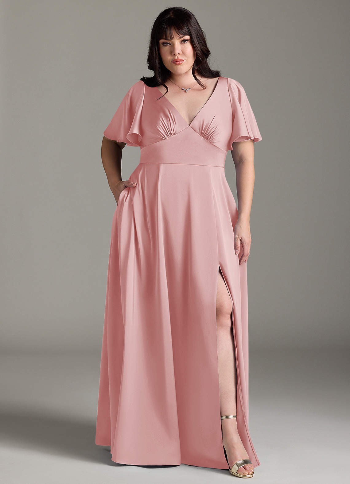 Azazie Kimber Brudtärnklänningar Klä av A-Linje i Stretch Satin Rynkad Puderrosa image1