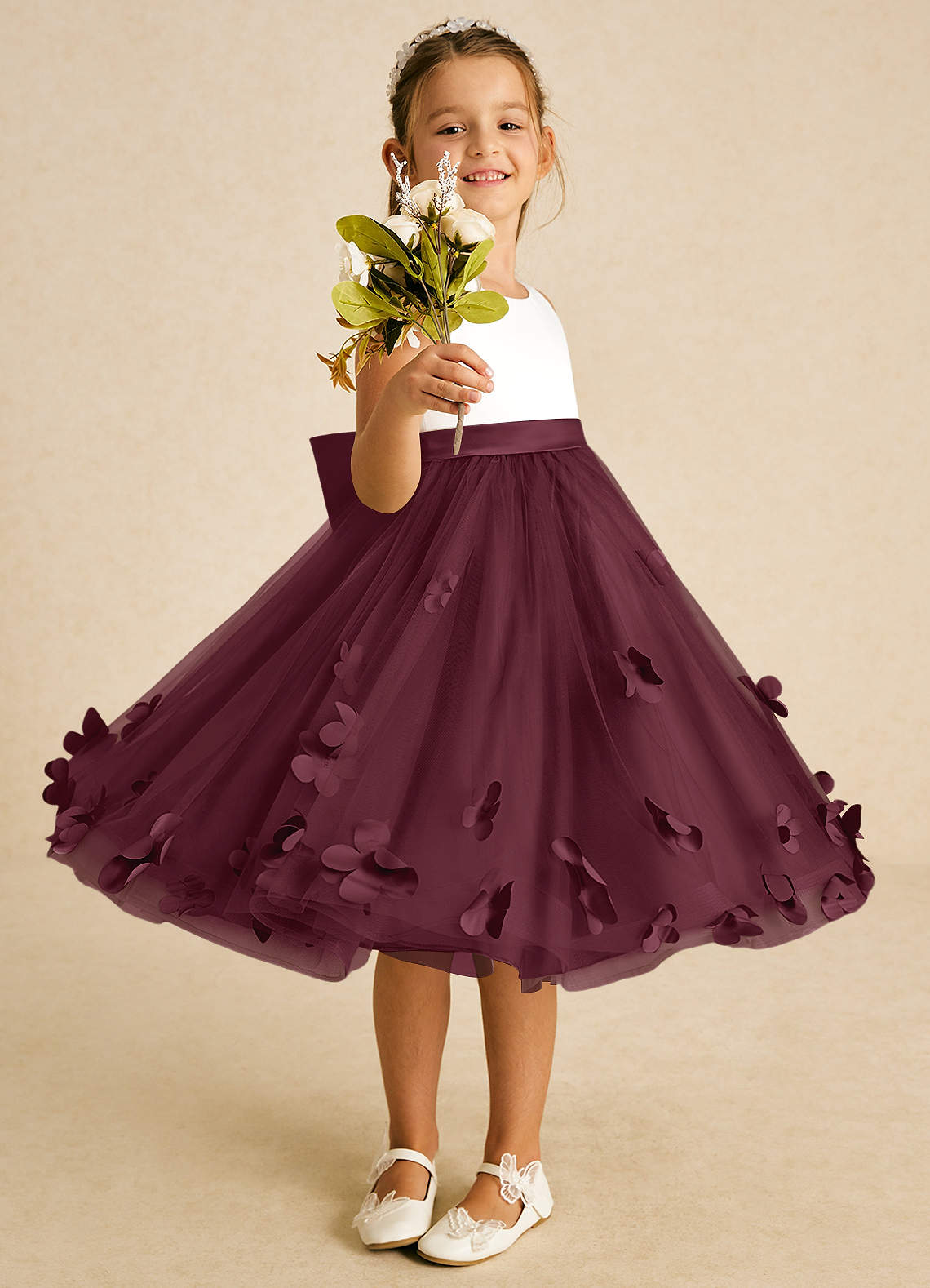 Azazie Sprout Flower Girl Dresses Cabernet A-Line Bow Tulle Dress image1