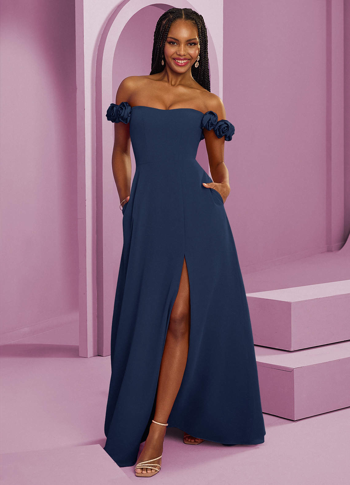 Barbie ♥ Azazie Bridesmaid Dresses Dark Navy A-Line Off the Shoulder Chiffon Convertible Dress image1