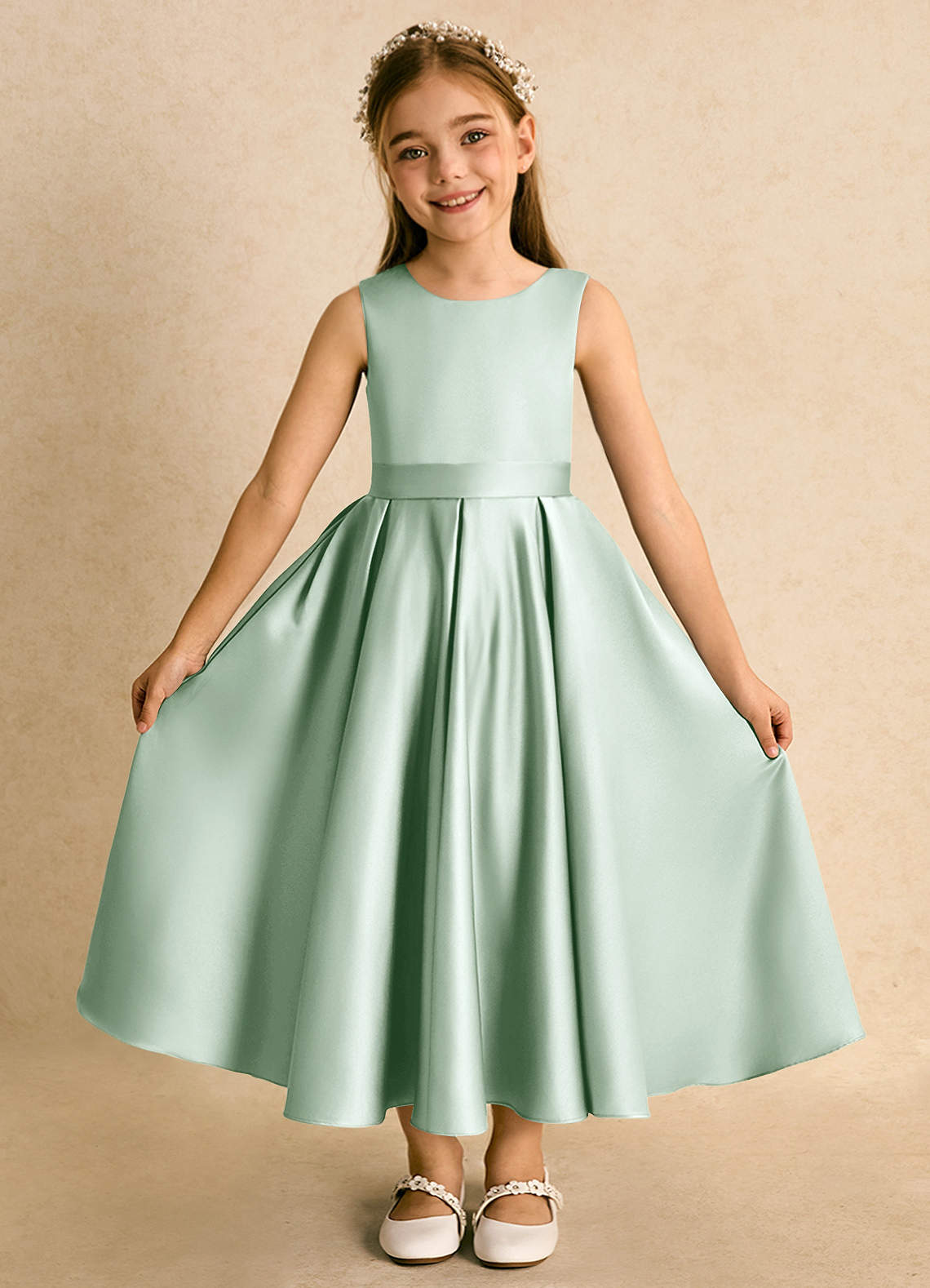 Azazie Junebuj vestidos de niña de las flores Vestido de Agave de Satin Mate de Princesa con Plisado image3
