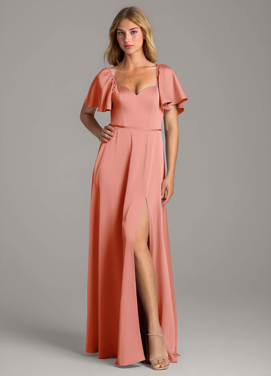 Azazie Chloe Robes de demoiselle d'honneur Robe Trapèze en Satin extensible Encolure en Forme de Cœur Corail image1