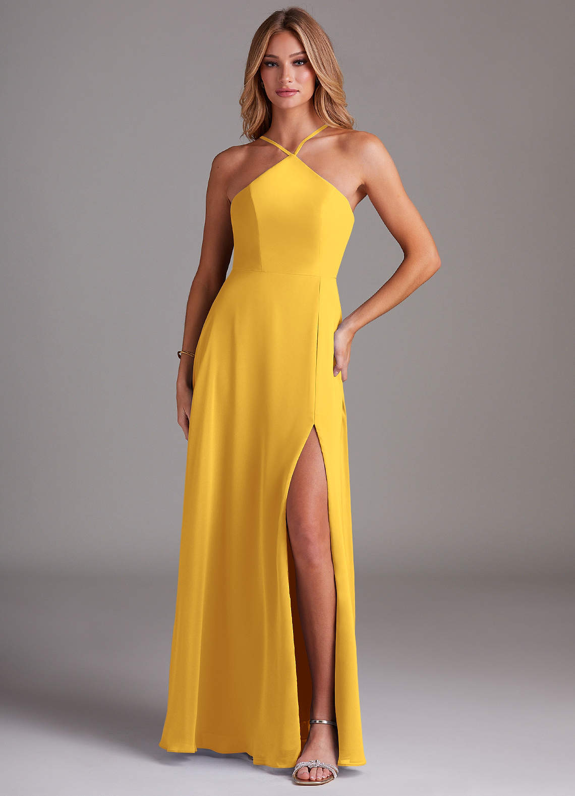 Azazie Bailey Bridesmaid Dresses Marigold A-Line Halter Side Slit Chiffon Dress image1