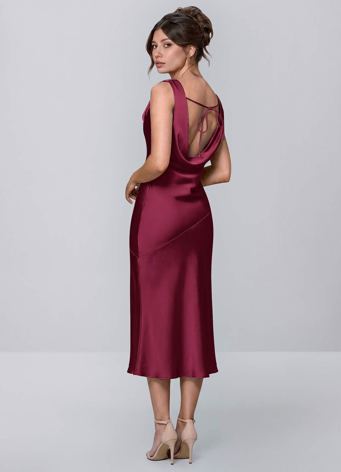 formal burgundy midi dress Inez Cowl Satin Tie-Back fall wedding guest dresses