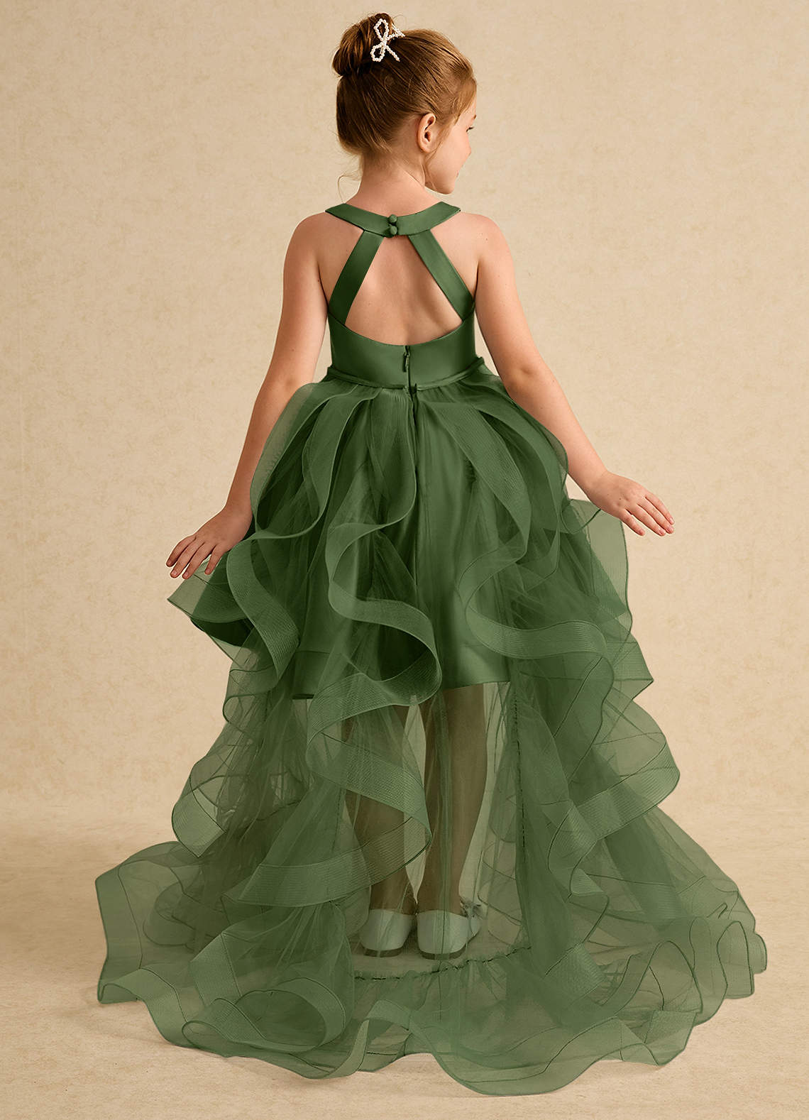 Azazie Julietta Flower Girl Dresses Olive Ball-Gown Convertible Tulle Dress image1
