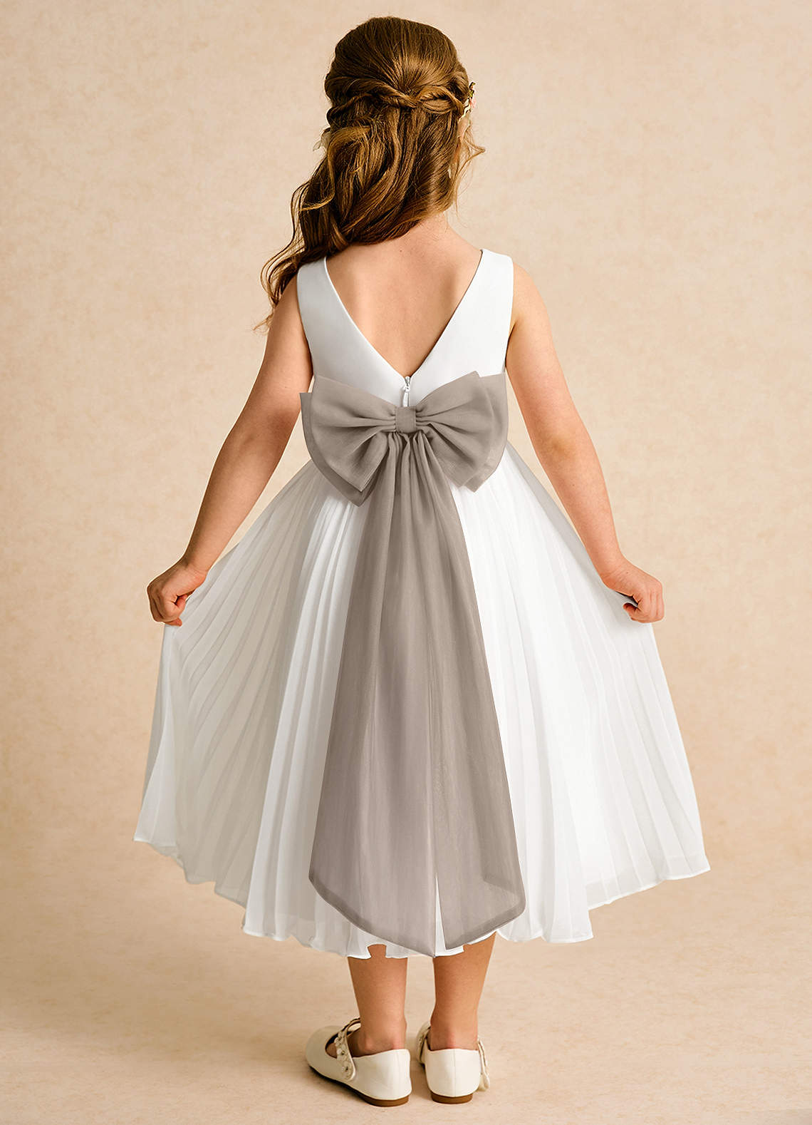Azazie Margot Flower Girl Dresses Ivory Taupe A-Line Pleated Chiffon Dress image1