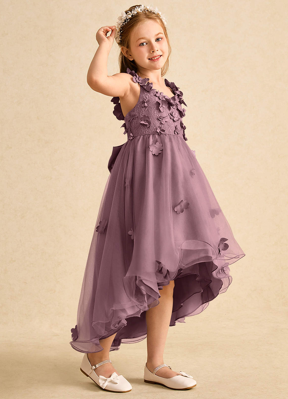 Azazie Tweety vestidos de niña de las flores Vestido de Malva Vintage de Tul de Corte En A con Encaje image1