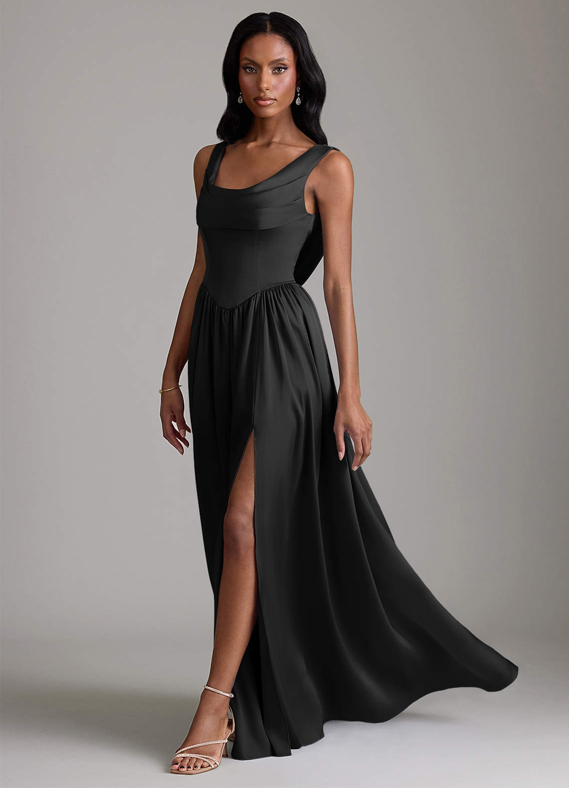 Azazie Novi Bridesmaid Dresses Black A-Line with Pockets Stretch Satin Dress image5