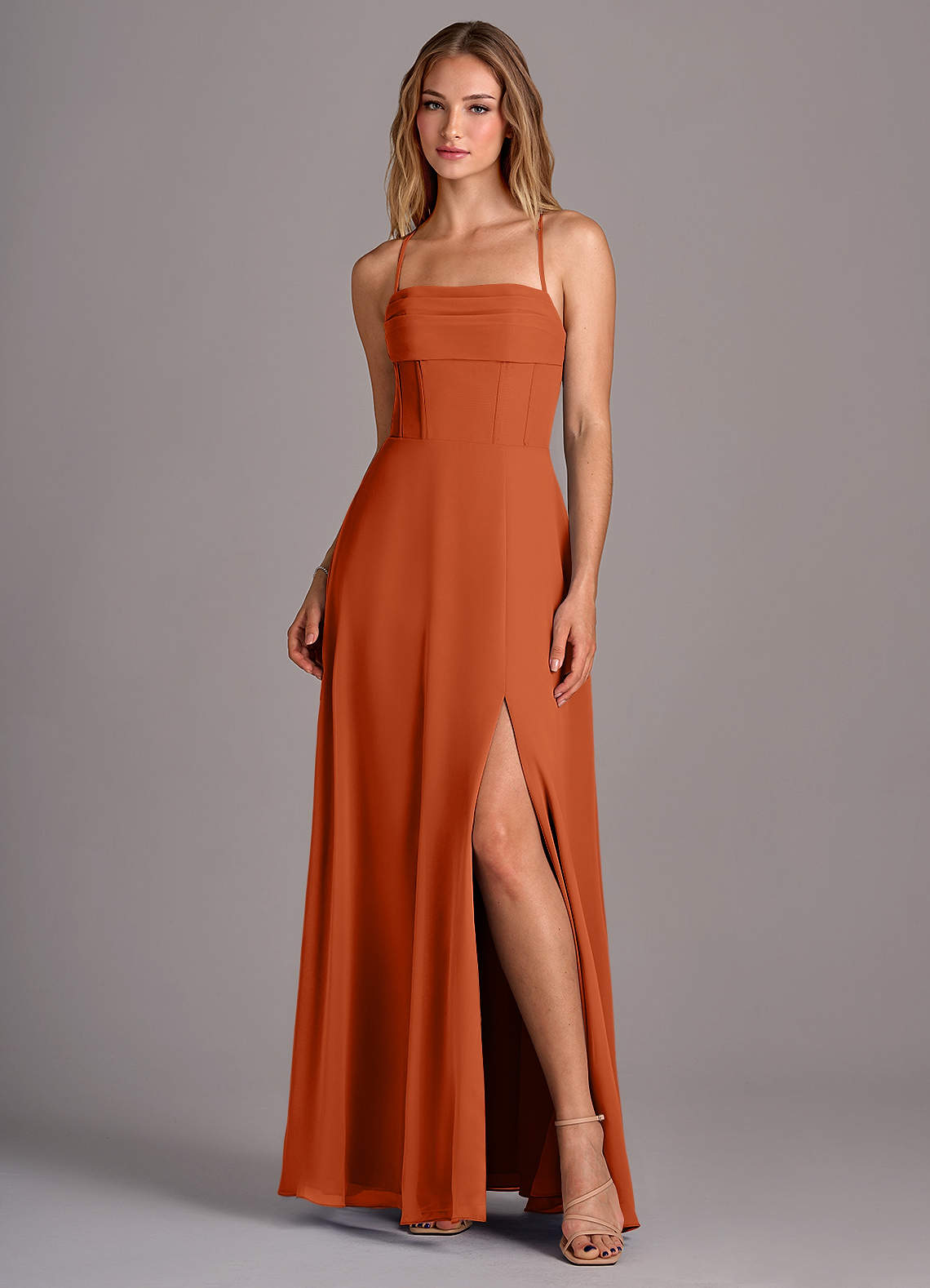 Azazie Carolyn Bridesmaid Dresses Burnt Orange A-Line Pleated Chiffon Dress image1