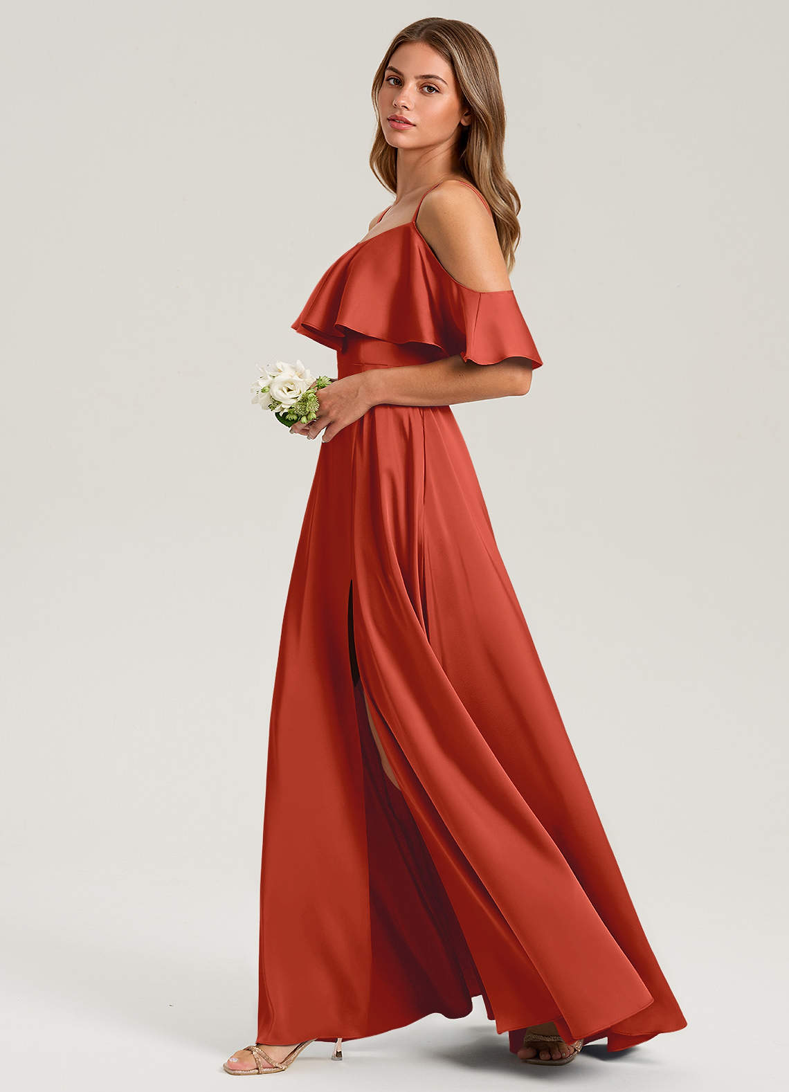 Azazie A-Line Off The Shoulder Floor-Length Stretch Satin Bridesmaid Dresses - Rust