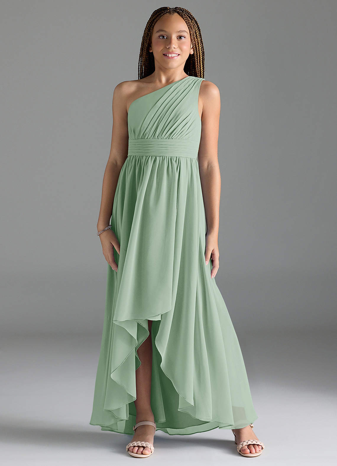 Azazie Mathilda Junior Agave A-Line Pleated Chiffon Dress image1