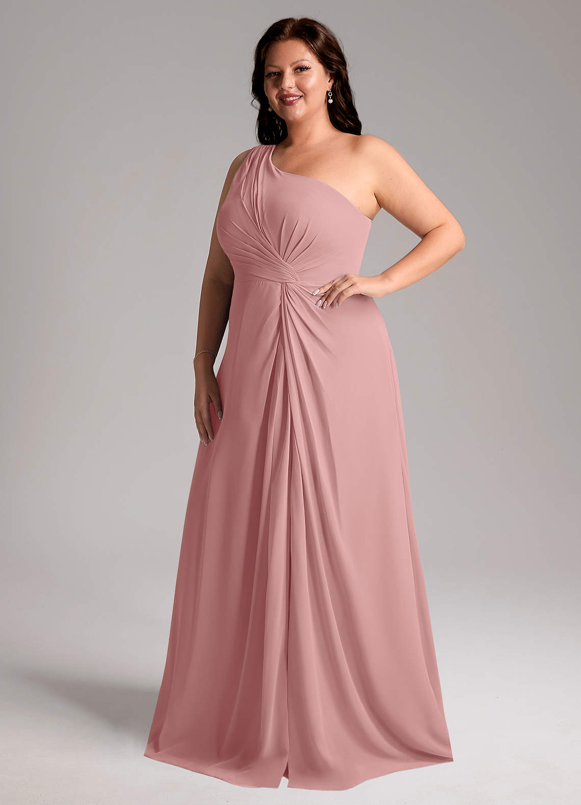 Azazie Brooke Vestidos de damas de honor Vestido de Rosa Polvorienta de Gasa de Corte en A con Hombro unilateral image10