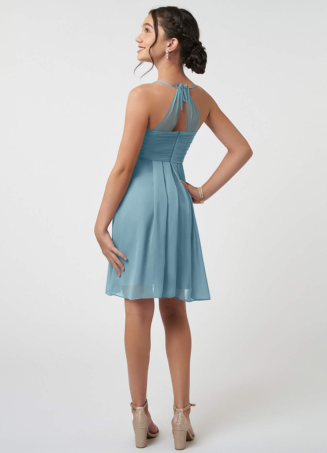 Azazie Ginny Junior Moody Blue A-Line Pleated Chiffon Dress image3