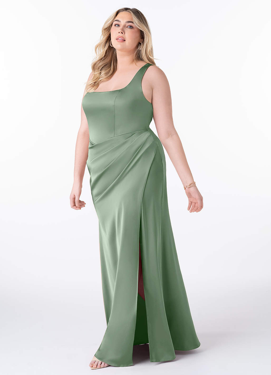 Azazie Mero Bridesmaid Dresses Matcha Sheath Pleated Stretch Satin Dress image7