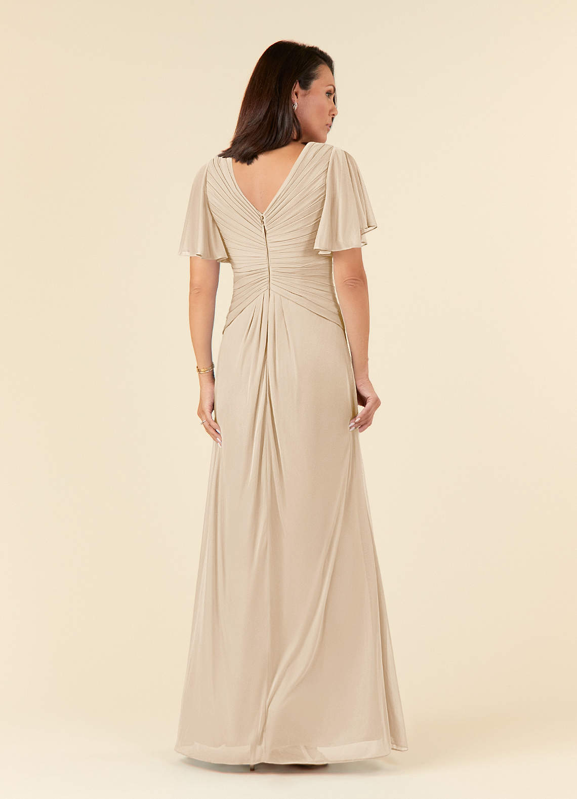 Azazie Emmeline Mother of the Bride Dresses Champagne A-Line V-Neck Pleated Mesh Dress image1