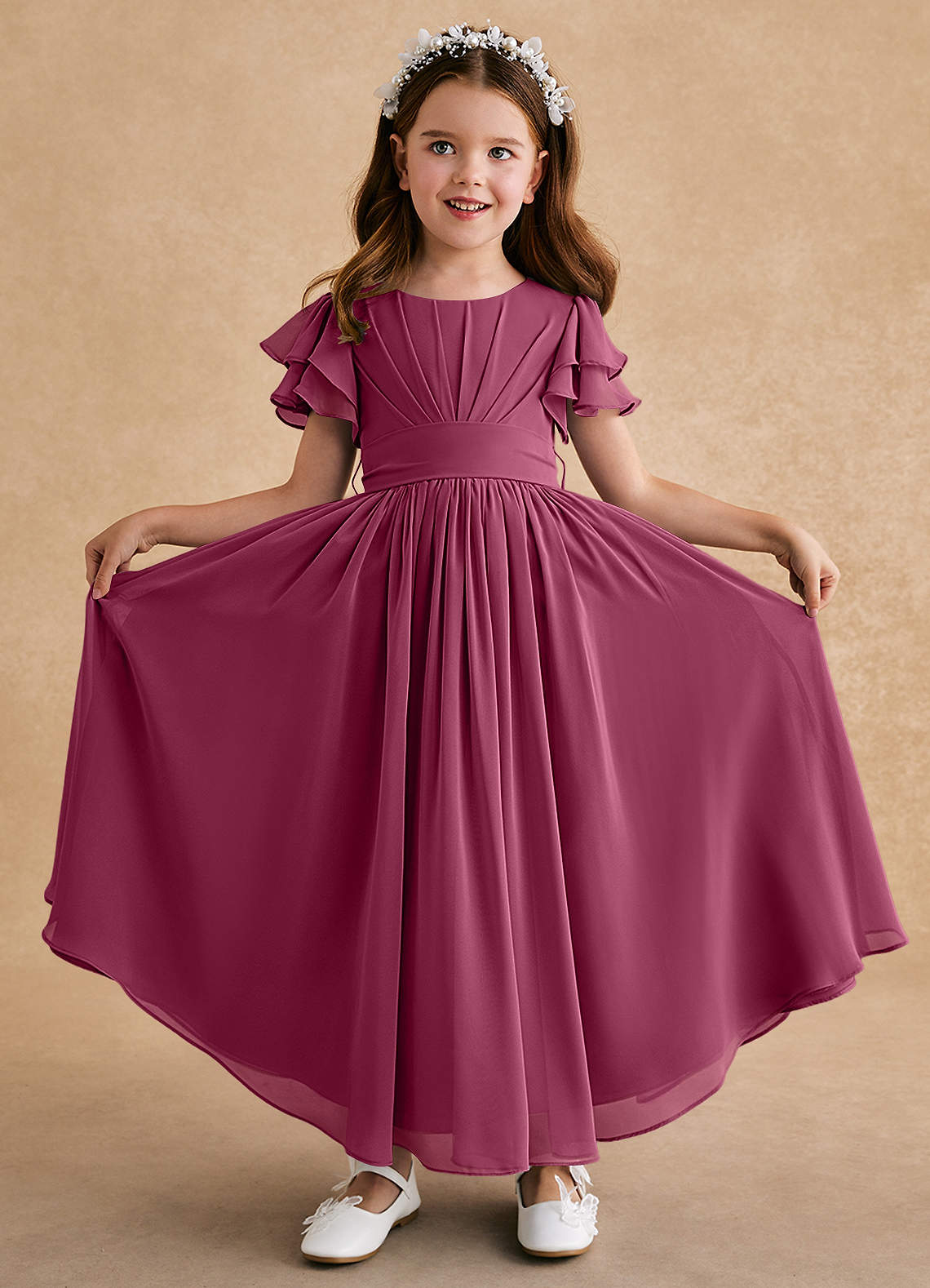 Azazie Ali Flower Girl Dresses Mulberry A-Line Pleated Chiffon Dress image1