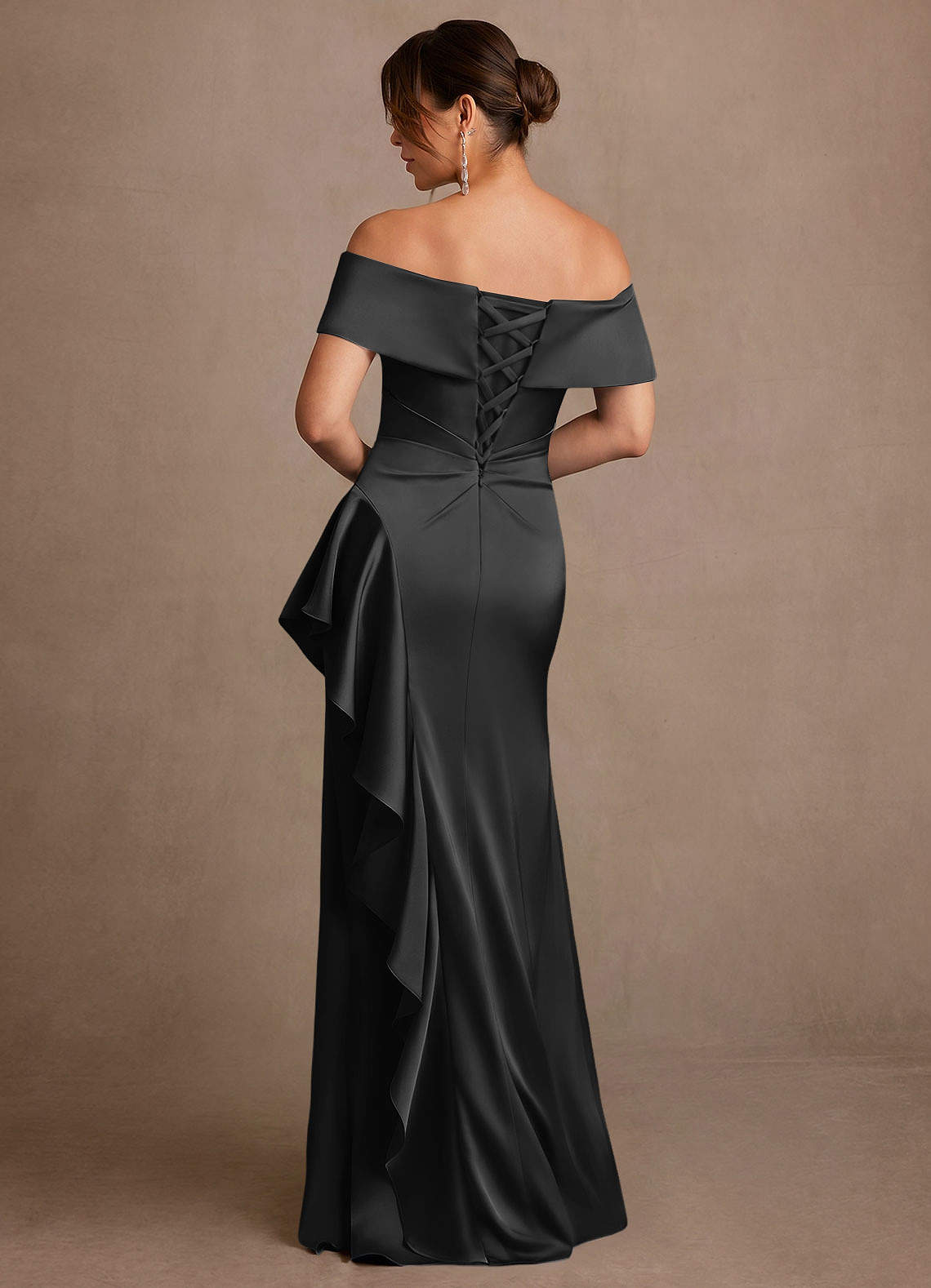 Azazie Kirsty Mother of the Bride Dresses Black Sheath Off the Shoulder Stretch Satin Dress image1
