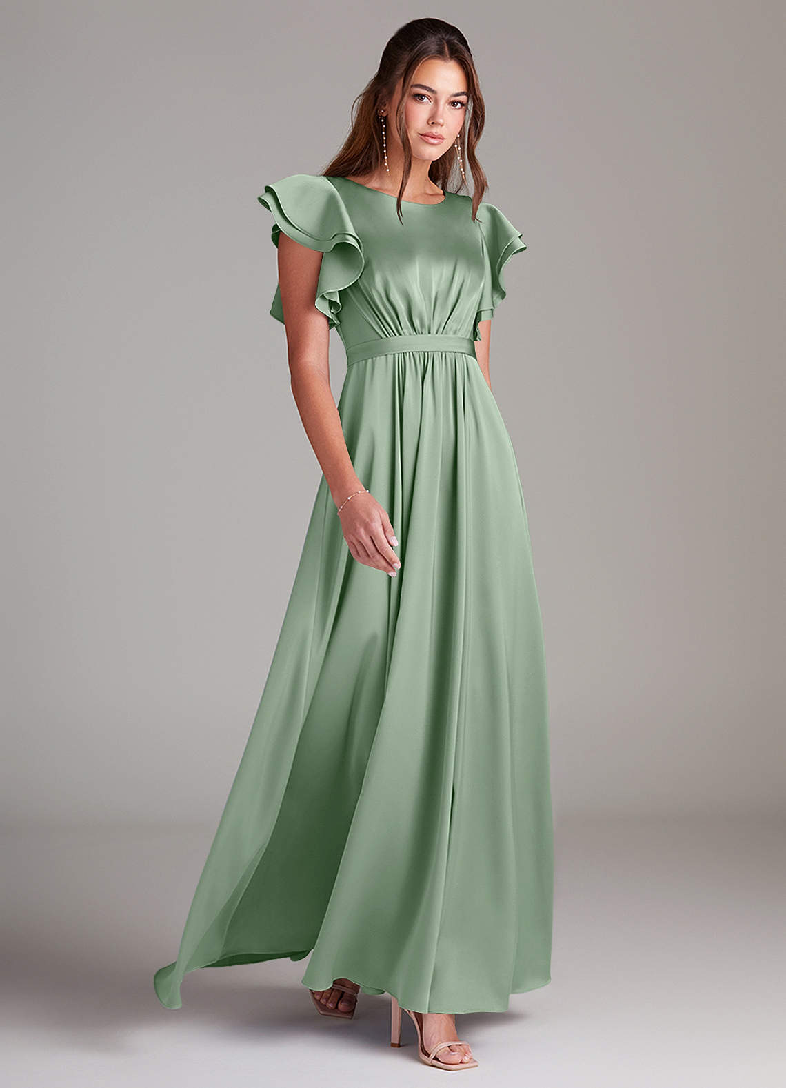 Azazie Daphne Robes de demoiselle d'honneur modestes Robe Trapèze Rayé Longueur ras du sol Satin extensible image2