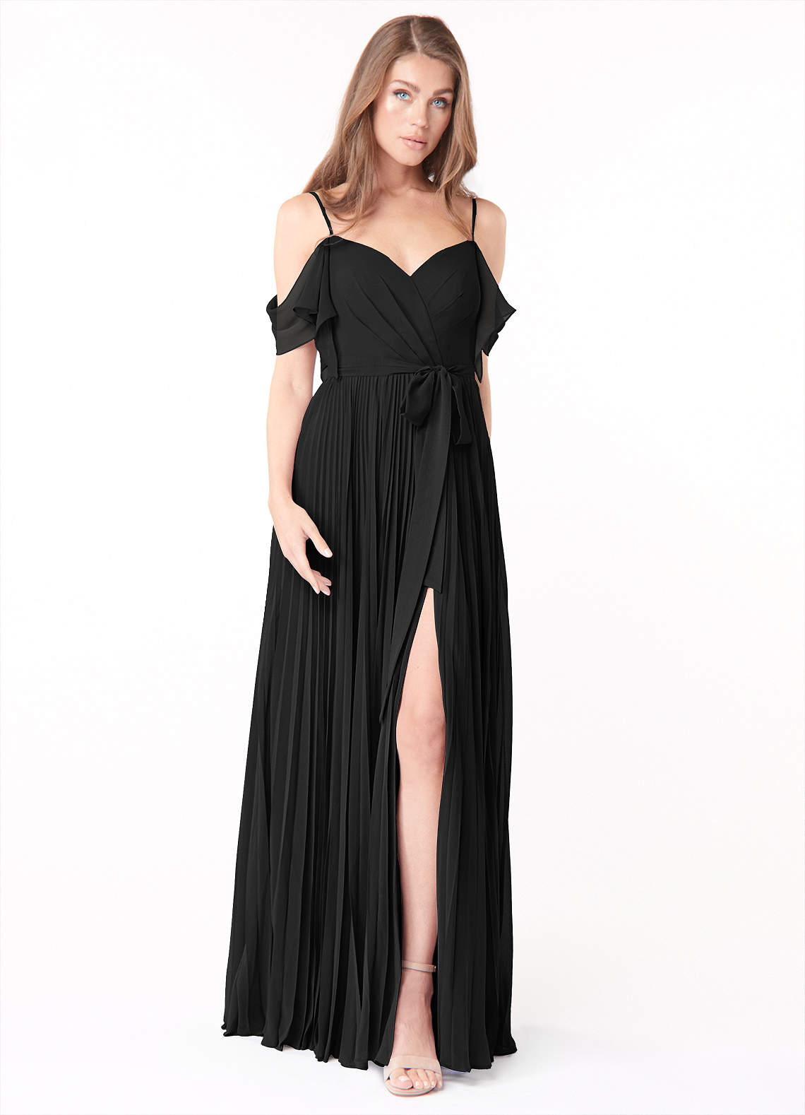 Azazie Lyney Brautjungfernkleider A-Linie Schulterfrei Chiffon Kleid Schwarz image1
