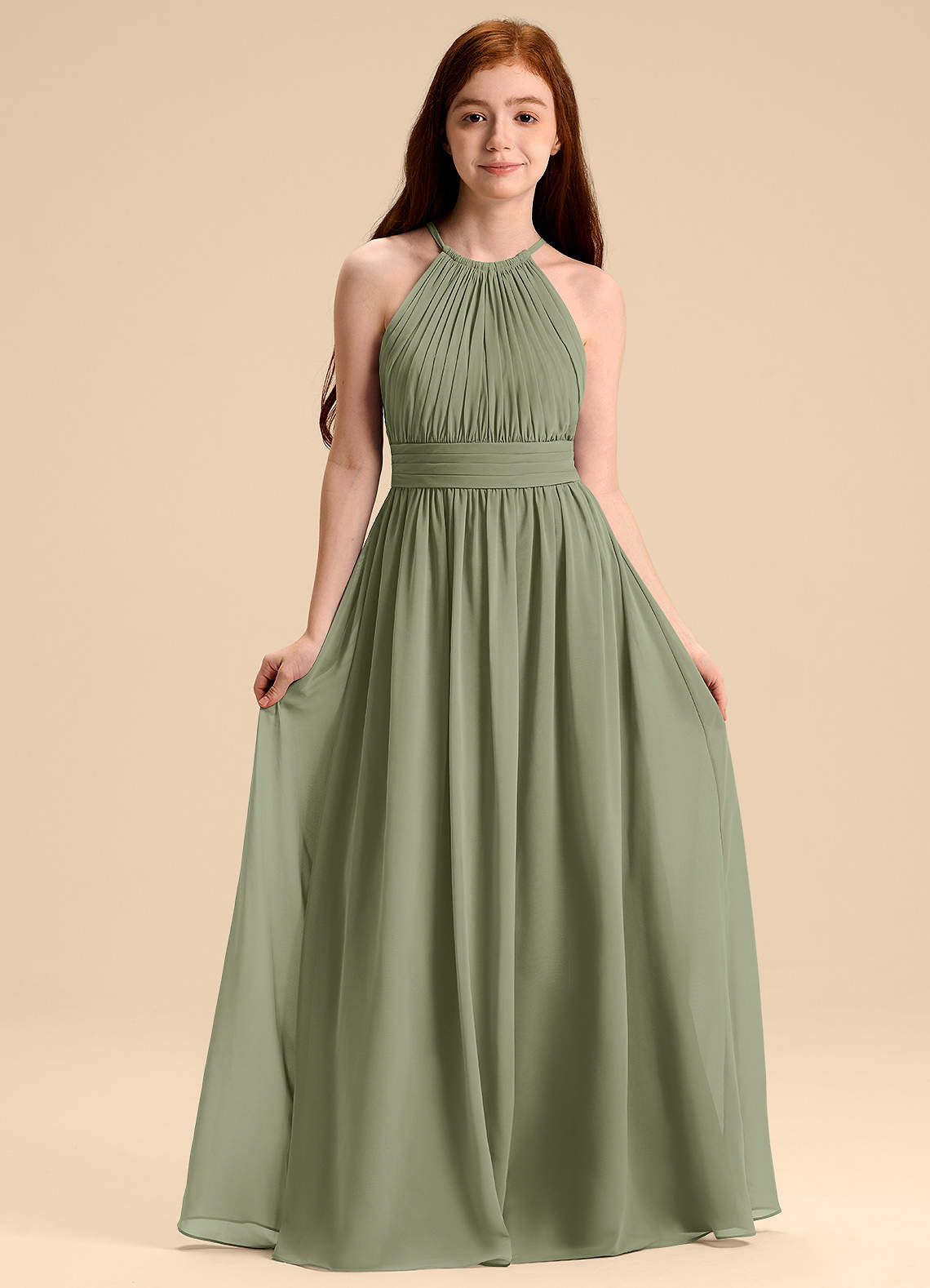 Azazie Malone Junior Abito A-Line in Chiffon Plissettato Pistacchio image1