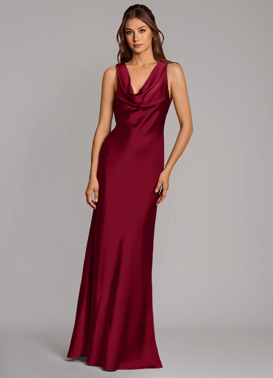 Azazie Cheryl Vestidos de damas de honor Vestido de Borgoña de Satén Elástico de Corte Sirena image3