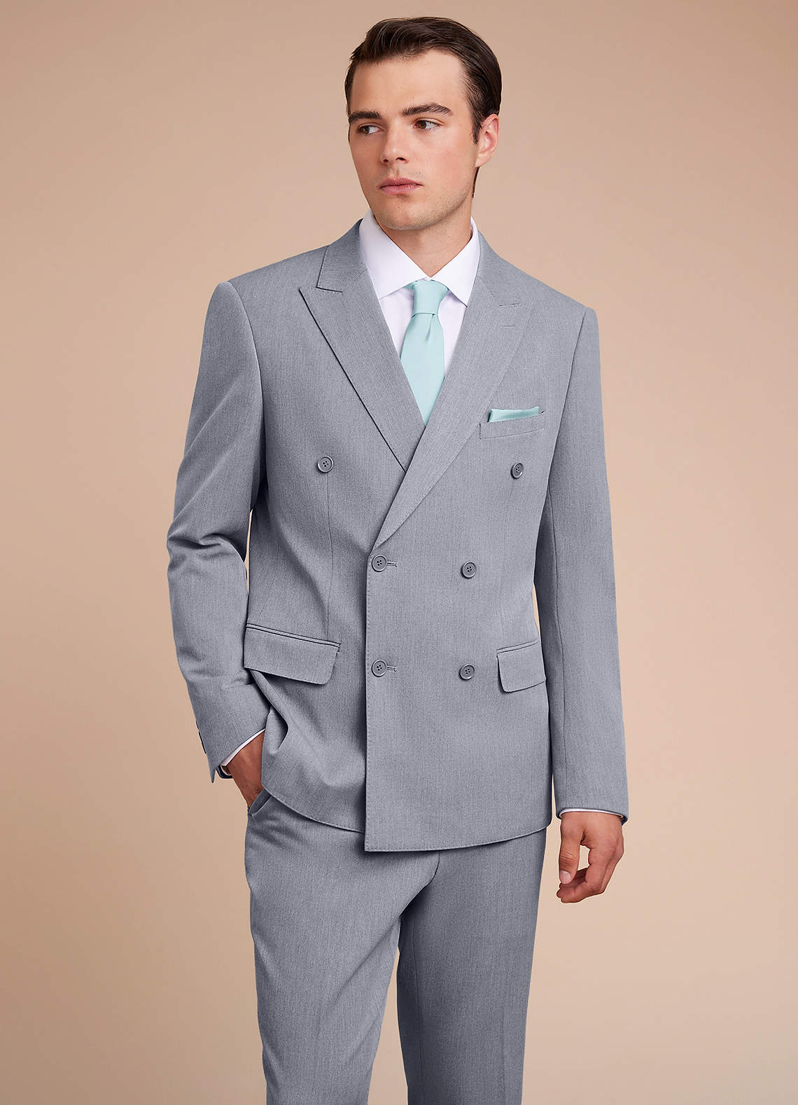 front Collins Grey Double Breasted Wool Blend Suit Jacket