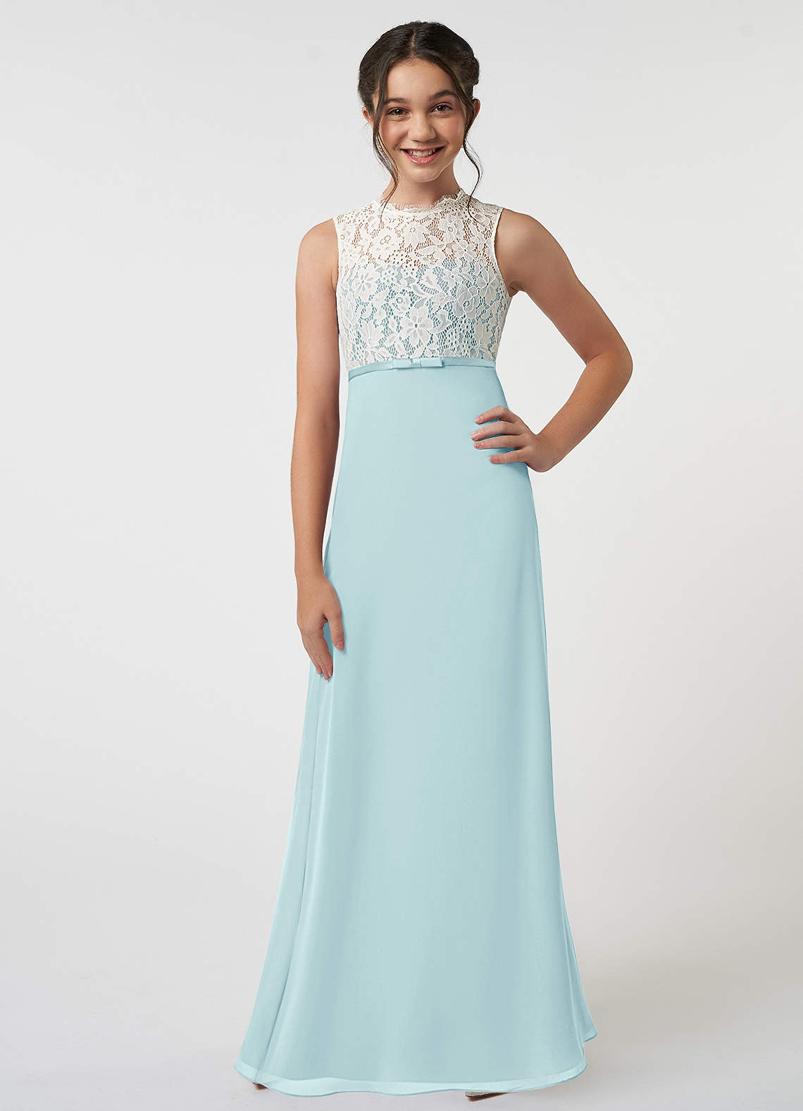 Azazie Rana Junior Sea Glass A-Line Lace Chiffon Dress image1