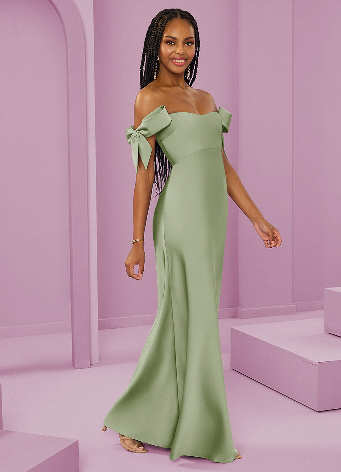 Barbie ♥ Azazie Jurken voor bruidsmeisjes Converteerbaar Jurk van Stretch Satijn met Kolom Off the Shoulder Stoffige Salie image1