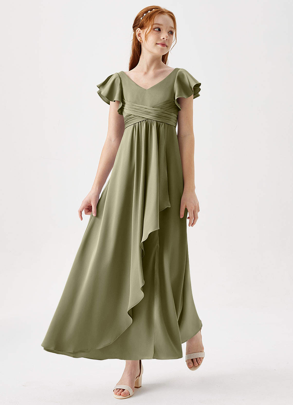 Azazie Omari Junior Pistachio A-Line Pleated Stretch Satin Dress image1