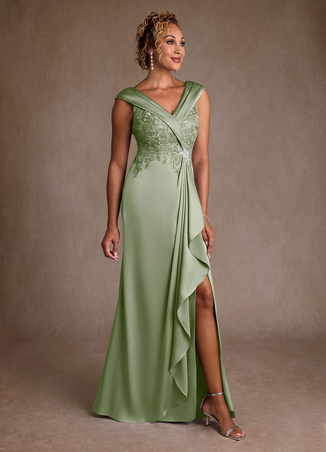 Azazie Santa Monica Mother of the Bride Dresses Dusty Sage A-Line Lace Dress image1