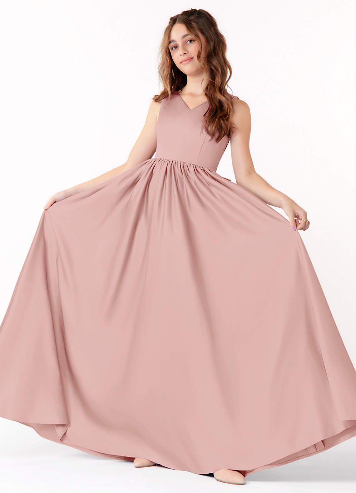 Azazie Hathaway Junior Vestido de Oro Rosa de Satin Mate de Corte En A con Lazo image1