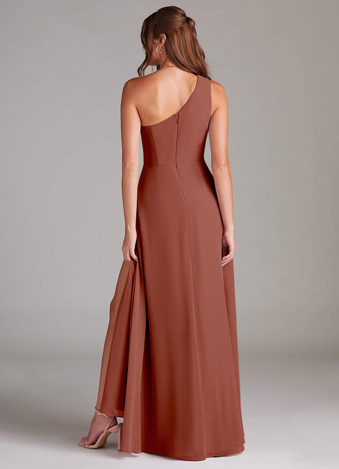 Azazie Brooke Bridesmaid Dresses Auburn A-Line One Shoulder Chiffon Dress image6