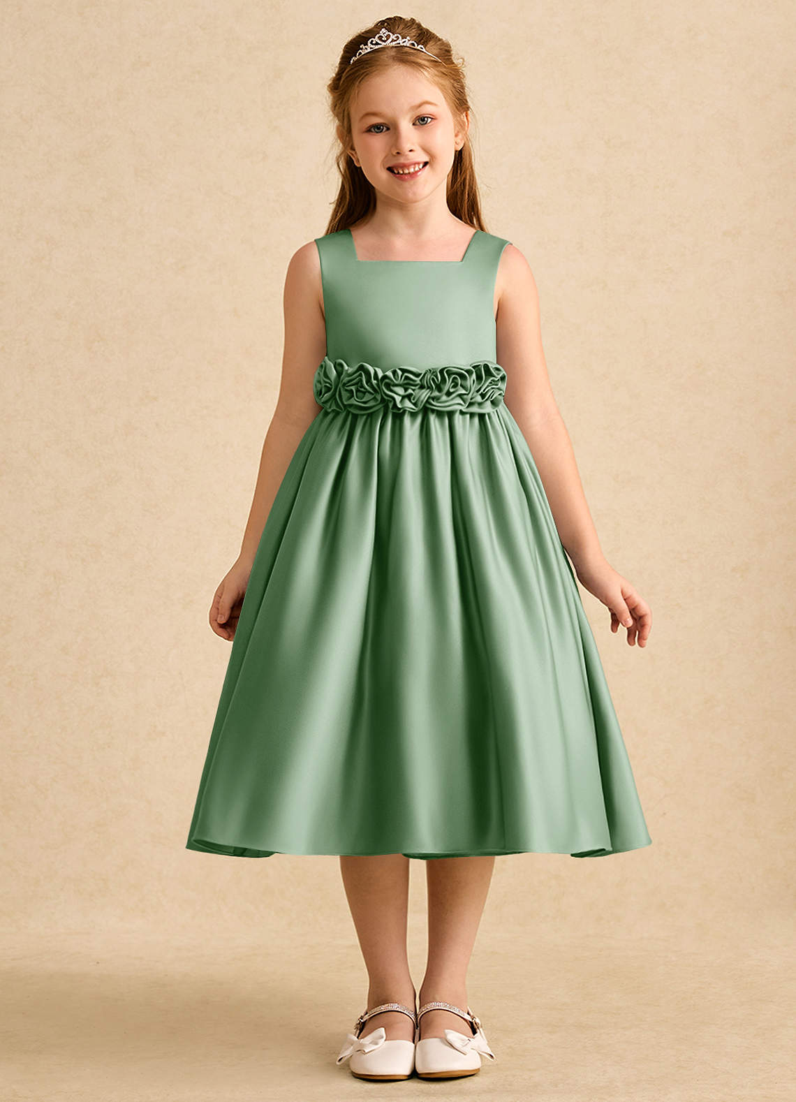 Azazie Peaches Flower Girl Dresses Matcha A-Line Bow Matte Satin Dress image1