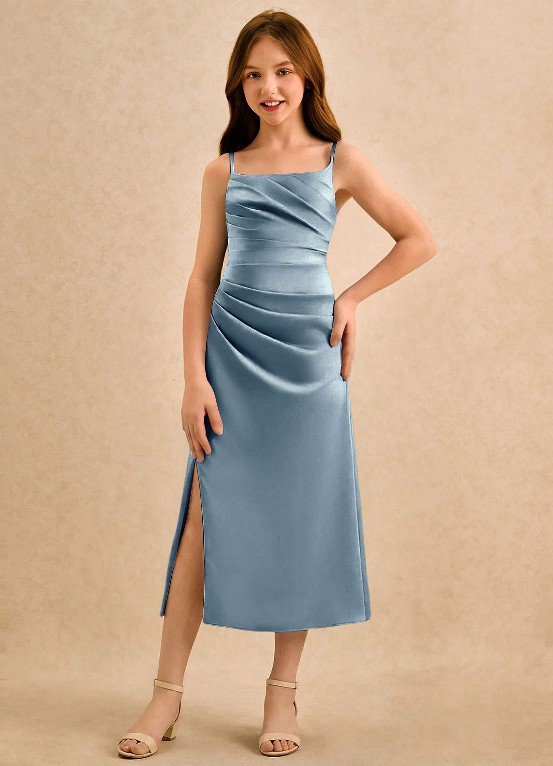 Azazie Canna Girls Formal Blomsterpigekjoler A-Line Plisseret Stræk satin Te-længde Kjole image3