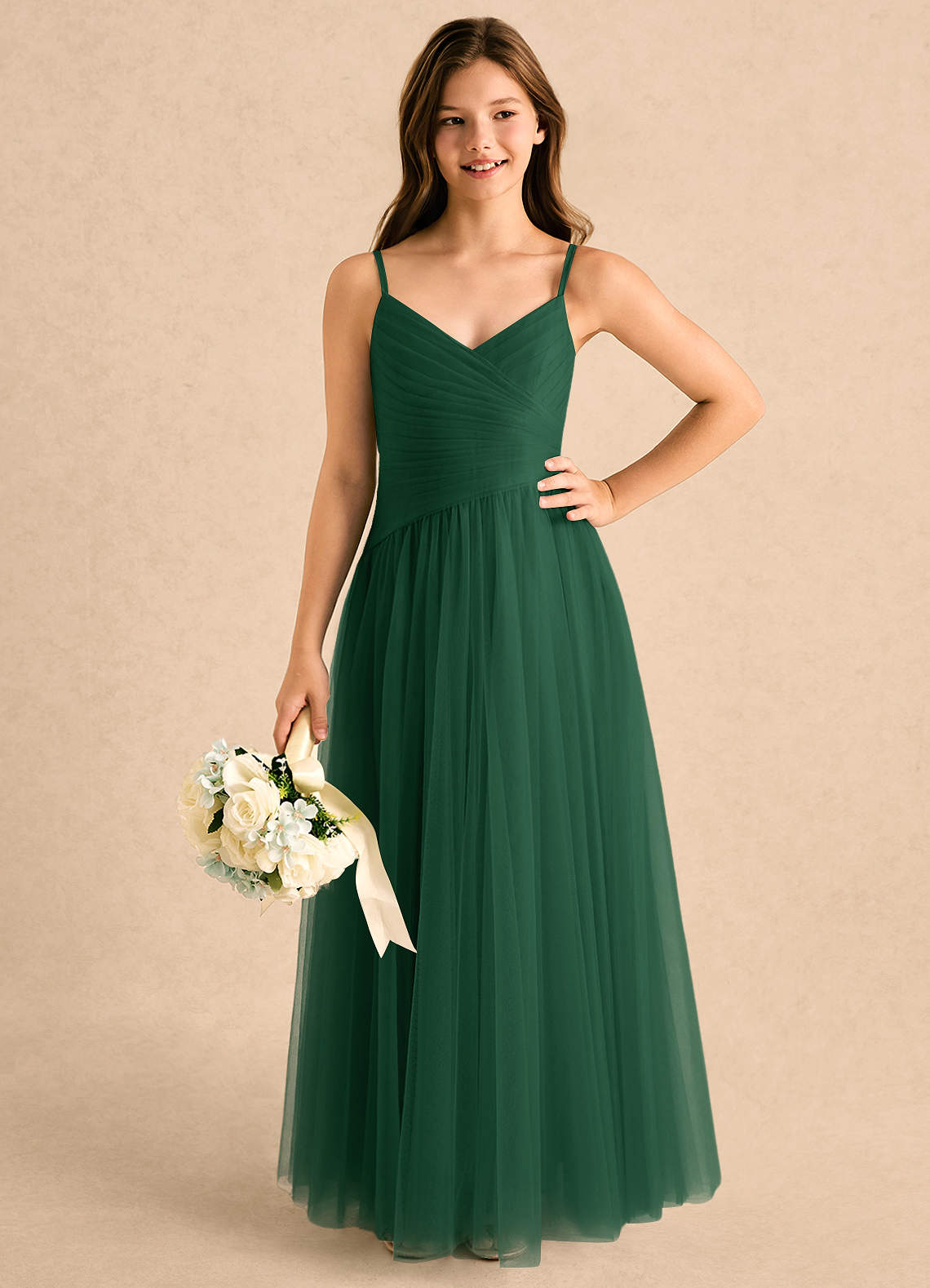 green poppy dress Azazie A-Line/Princess V-Neck Floor-Length Tulle Girl Formal Dresses going-out-dresses