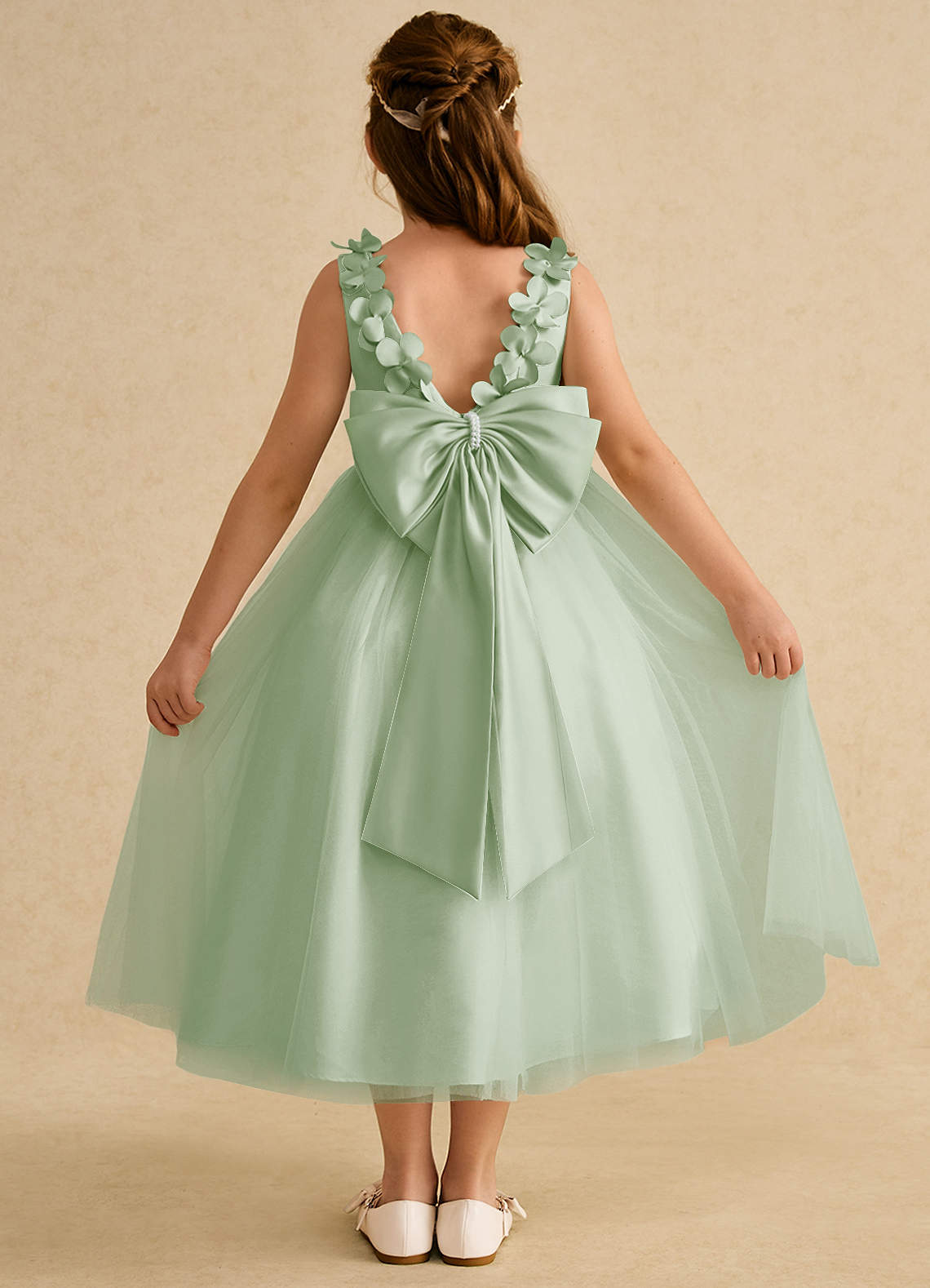 Azazie Lilli Robe Demoiselle D'honneur Fillette Robe Trapèze en Tulle Arc Sauge Poussiéreuse Sauge Poussiéreuse image1