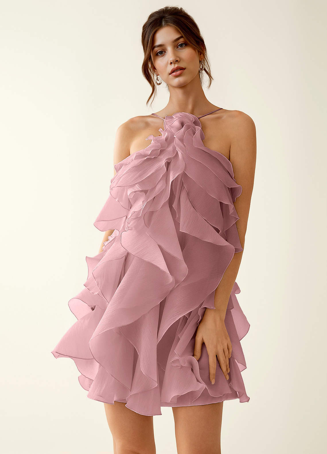 Oliamagn Dusty Pink Ruffles Tulle Mini Dress image3
