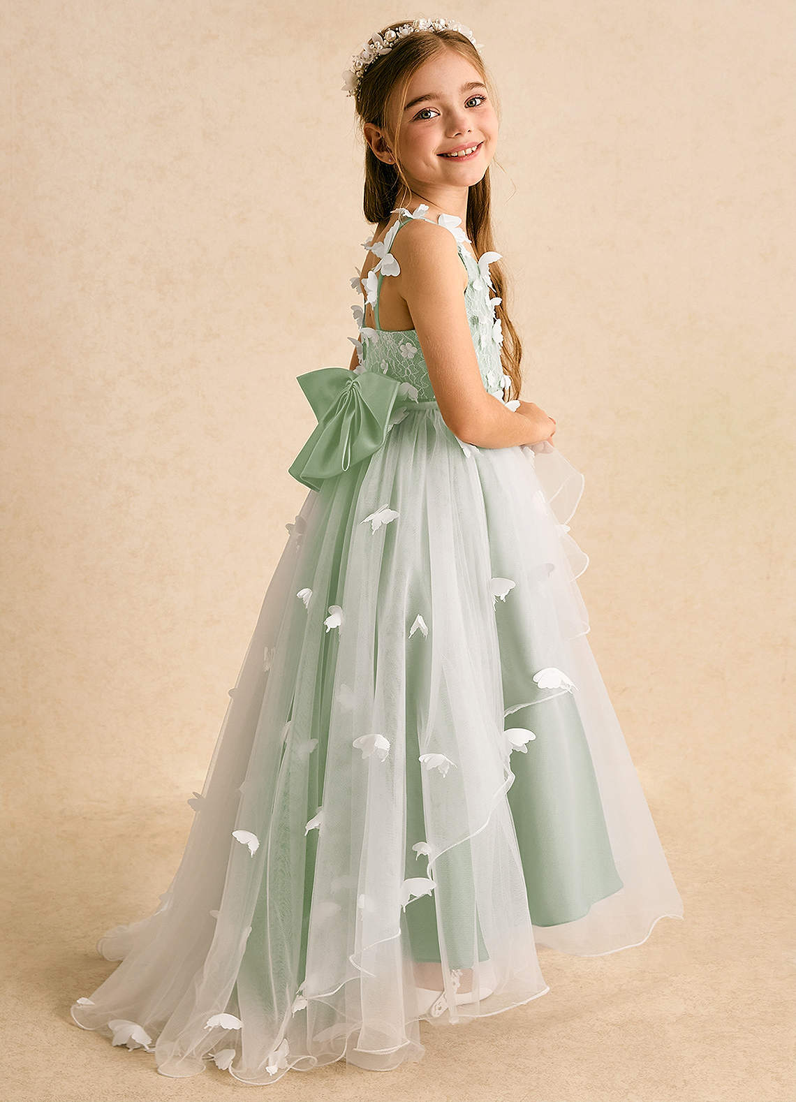 Azazie Darlina Flower Girl Dresses Ivory Dusty Sage Ball-Gown Lace Tulle Dress image1