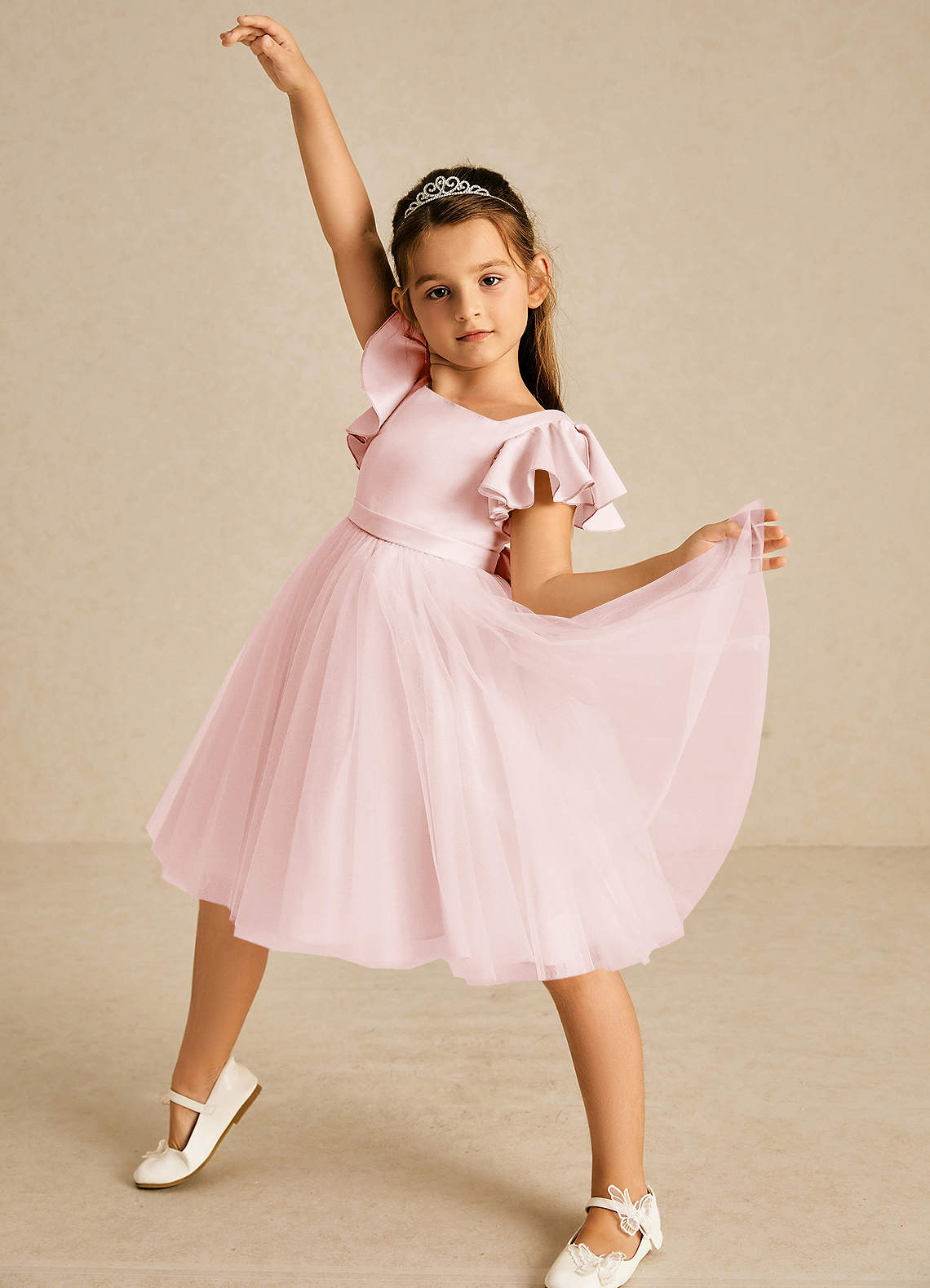 Azazie Kaeya Flower Girl Dresses Blushing Pink A-Line Bow Tulle Dress image1