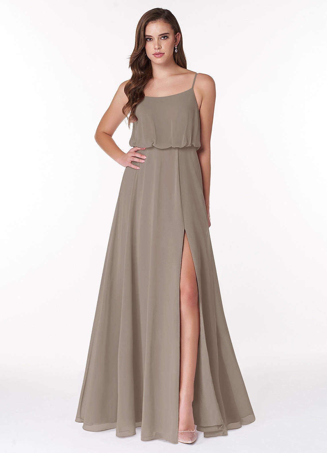 Azazie Lupe Bridesmaid Dresses Taupe A-Line Scoop Blouson Chiffon Dress image1
