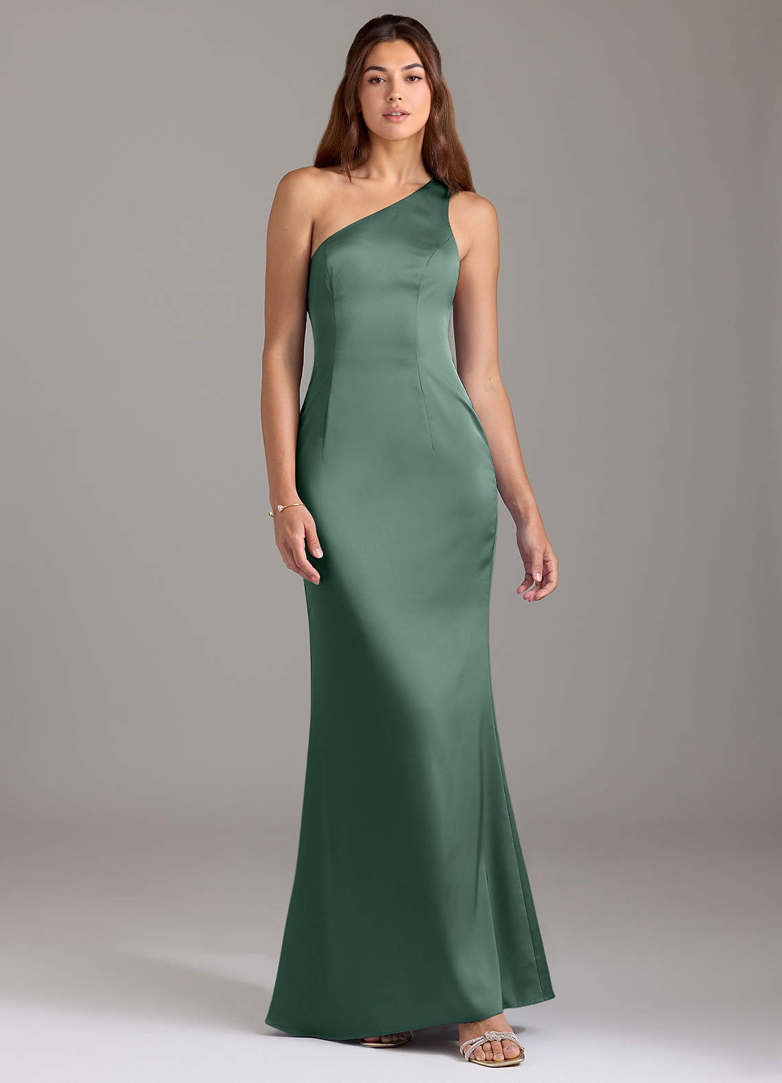 Azazie Arleth Jurken voor bruidsmeisjes Jurk van Stretch Satijn met A-Lijn One-Shoulder Eucalyptus image1