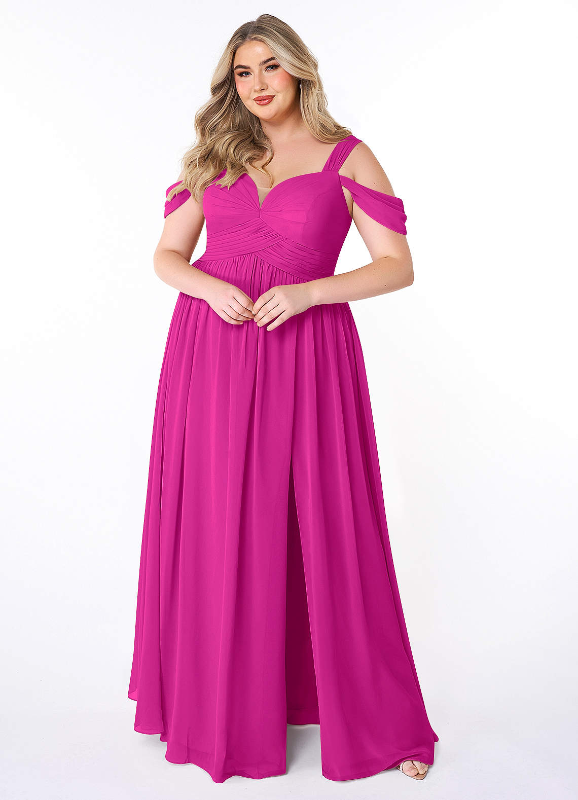 Azazie Lianne Bridesmaid Dresses Fuchsia A-Line Off the Shoulder Chiffon Dress image1