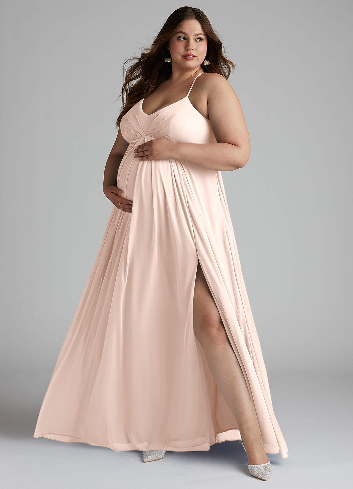 Azazie Annabelle Maternity Bridesmaid Dresses A-Line V-Neck Pleated Mesh Floor-Length Dress image1
