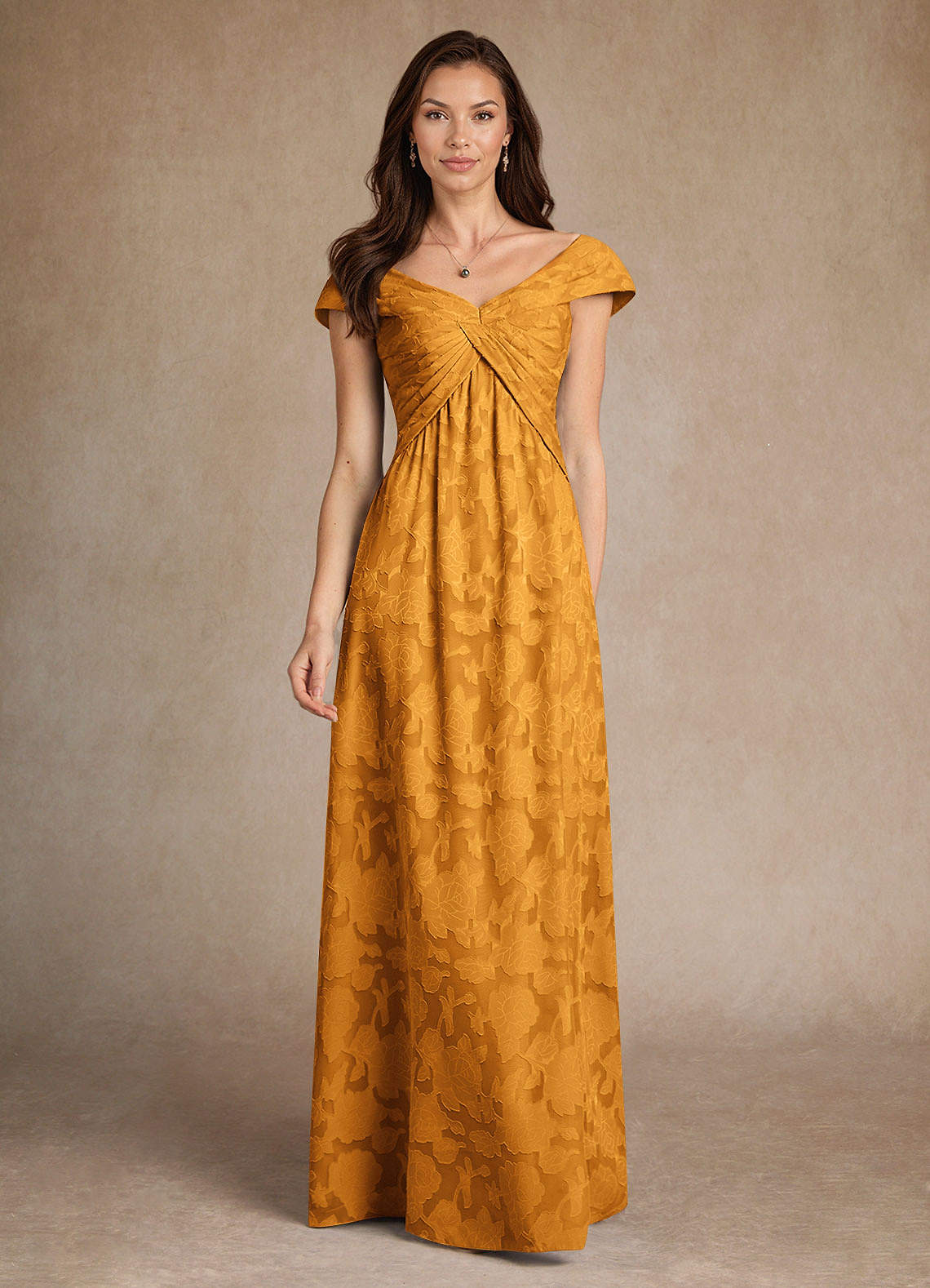 Azazie Myrtle Mother of the Bride Dresses Butterscotch A-Line Pleated Floral Burnout Dress image1