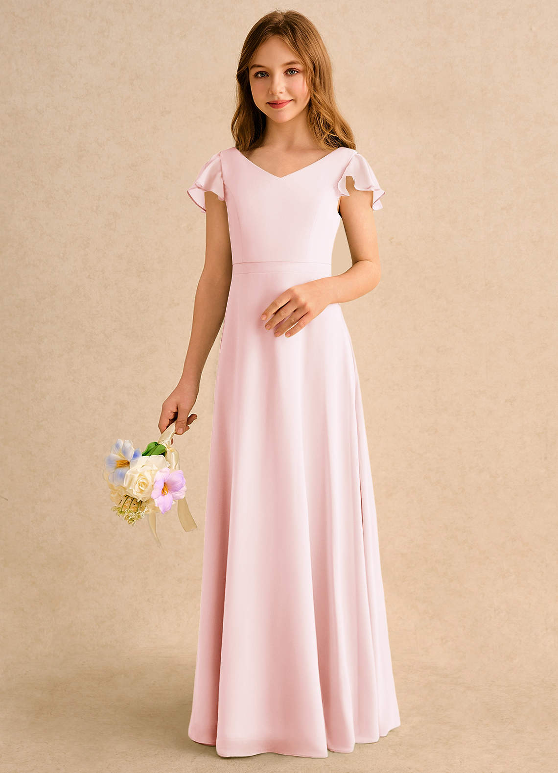 Azazie Nari Girls Formal Vestidos de florista Vestido Rosa Corado de Chiffon de Linha A com com Mangas image3