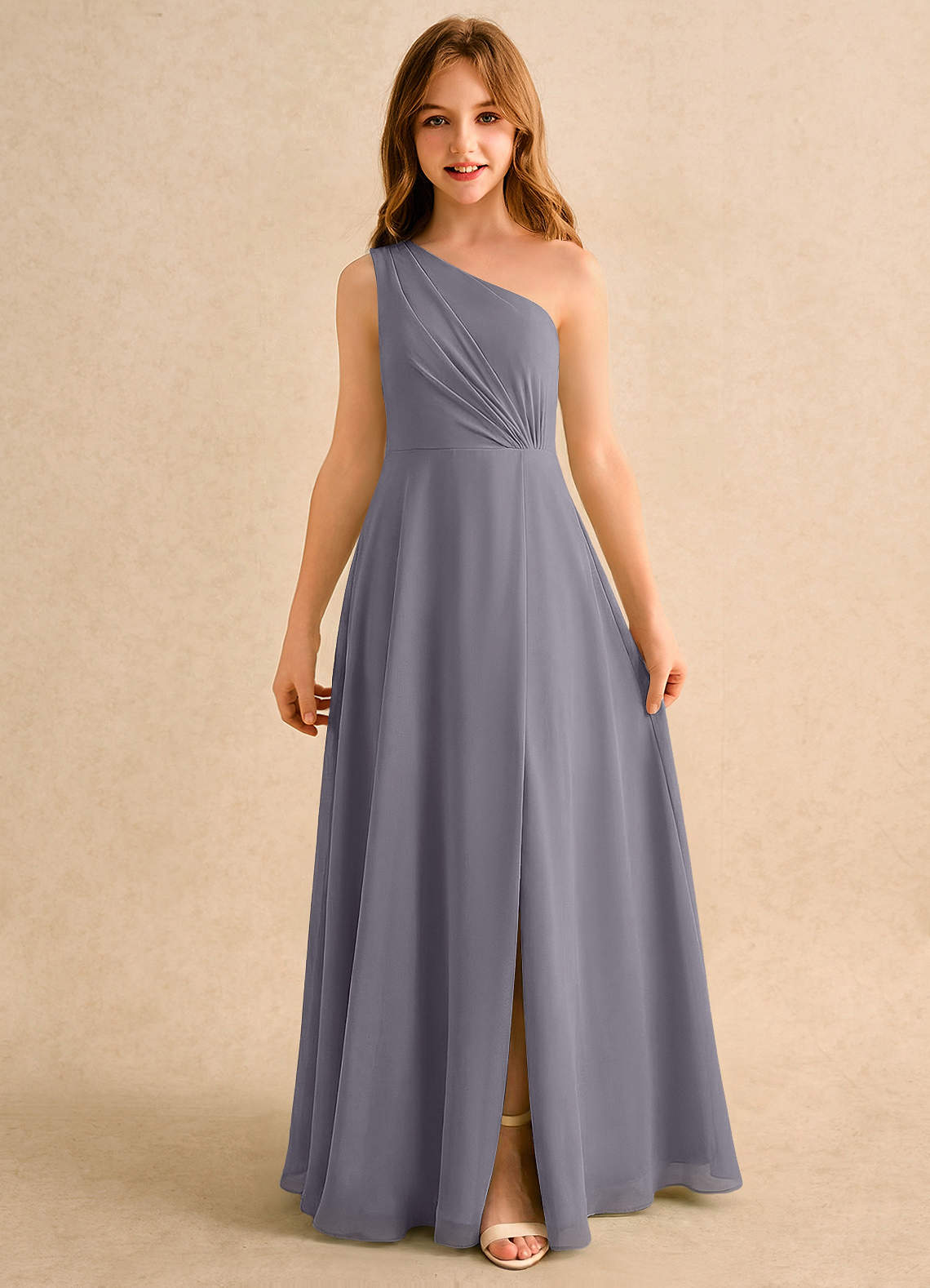 Azazie Puddles Girls Formal Robe Demoiselle D'honneur Fillette Robe Trapèze en Mousseline de soie Une épaule Ombre image5