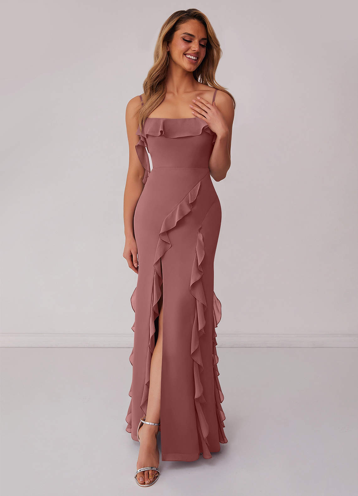 Barbie ♥ Azazie Bridesmaid Dresses Desert Rose Sheath Bow Chiffon Dress image2