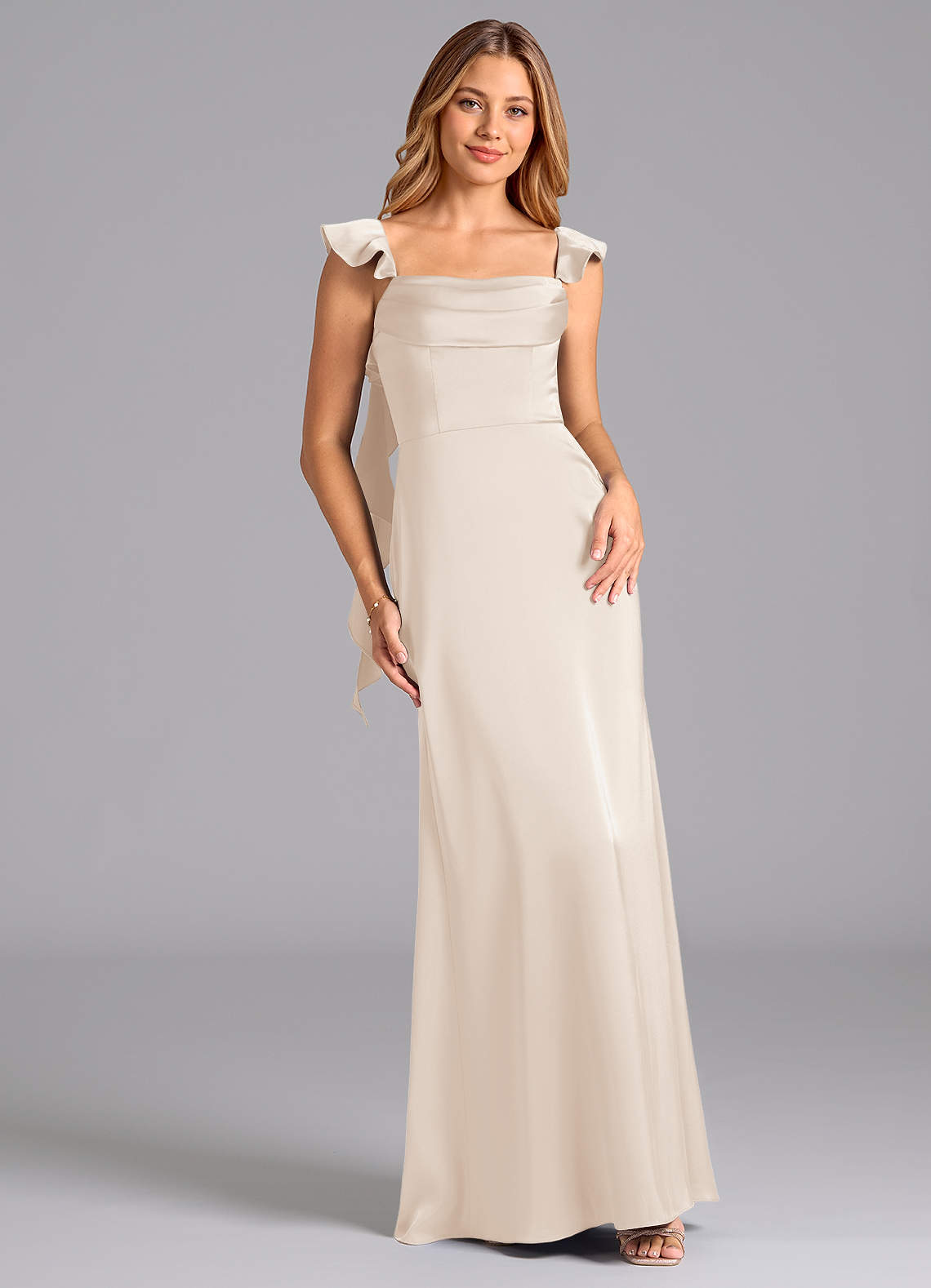 Azazie Adi Bridesmaid Dresses White Alabaster A-Line Pleated Stretch Satin Dress image1