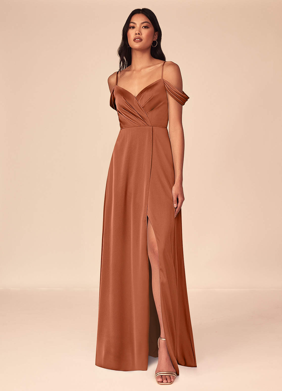 Azazie Ocean Bridesmaid Dresses Cedar Rose A-Line V-Neck Pleated Stretch Satin Dress image1