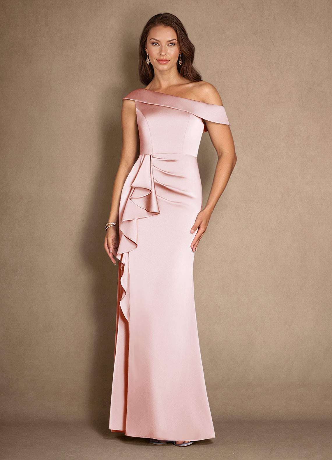 Azazie Hamptons Mother of the Bride Dresses Blushing Pink A-Line Pleated Stretch Satin Dress image1