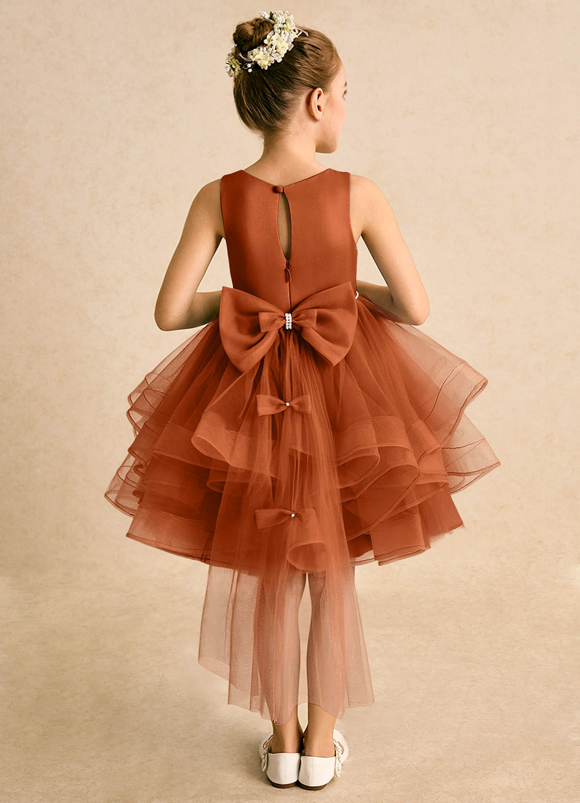 Azazie Tinie Blumenmädchenkleider Ballkleid Schleifen Tüll Kleid Gebranntes Orange image1